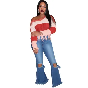 10910-MX27 Women clothing flare pant elegant ladies casual denim trumpet Jeans pants sehe fashion