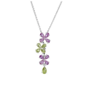 18ct White Gold Pear Cut Peridot & Pink Sapphire Flower Pendant & Chain