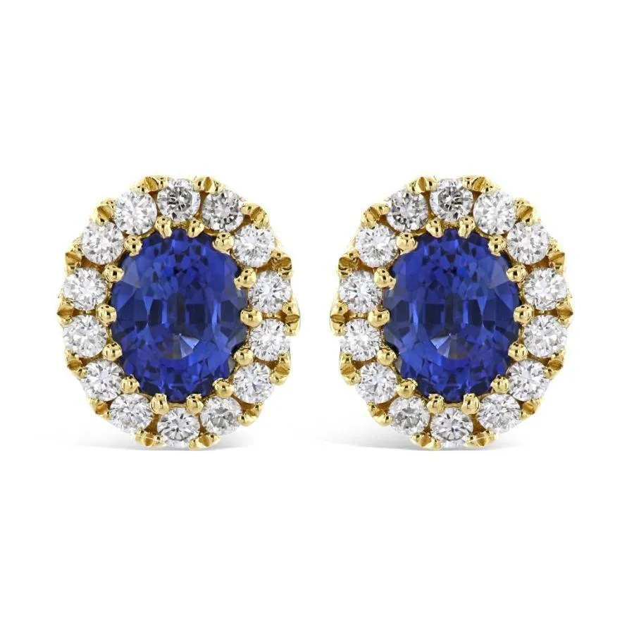 18ct Yellow Gold Oval Cut Sapphire & Diamond Cluster Stud Earrings