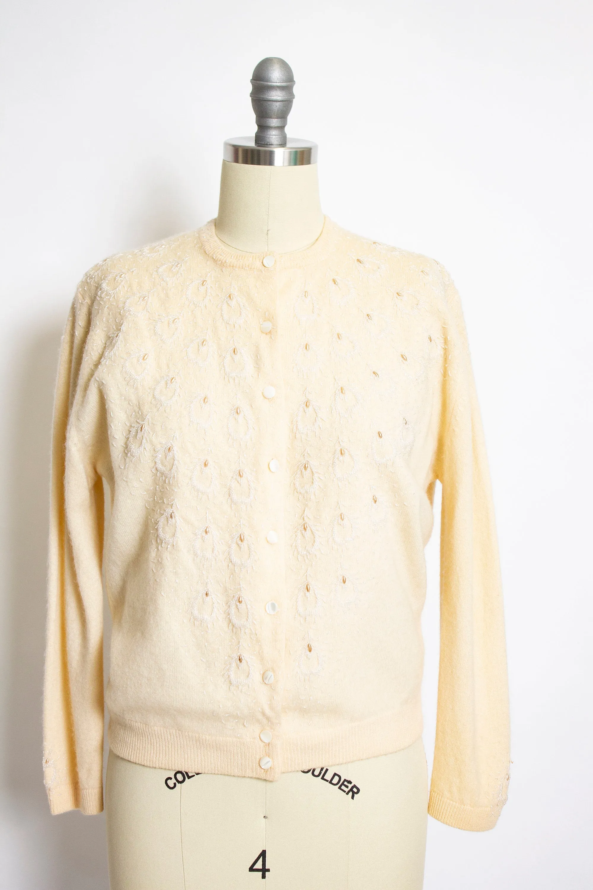 1950s Cardigan CASHMERE Embellished 3D Beaded Sweater M