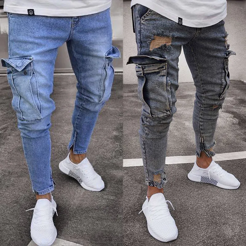 2023 Autumn Multi Pocket Destroyed Frayed Slim Fit Denim Pant Casual Men Zipper Blue Jeans Pants Ripped Stacked Skinny Jeans