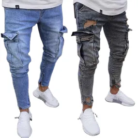 2023 Autumn Multi Pocket Destroyed Frayed Slim Fit Denim Pant Casual Men Zipper Blue Jeans Pants Ripped Stacked Skinny Jeans