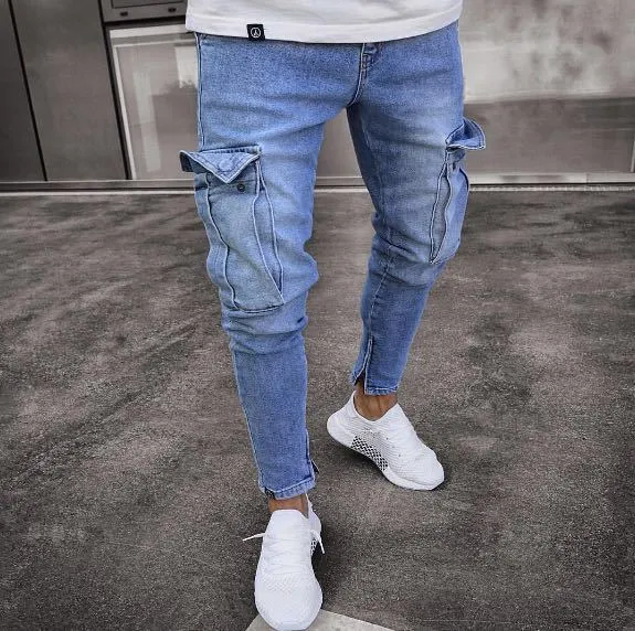 2023 Autumn Multi Pocket Destroyed Frayed Slim Fit Denim Pant Casual Men Zipper Blue Jeans Pants Ripped Stacked Skinny Jeans