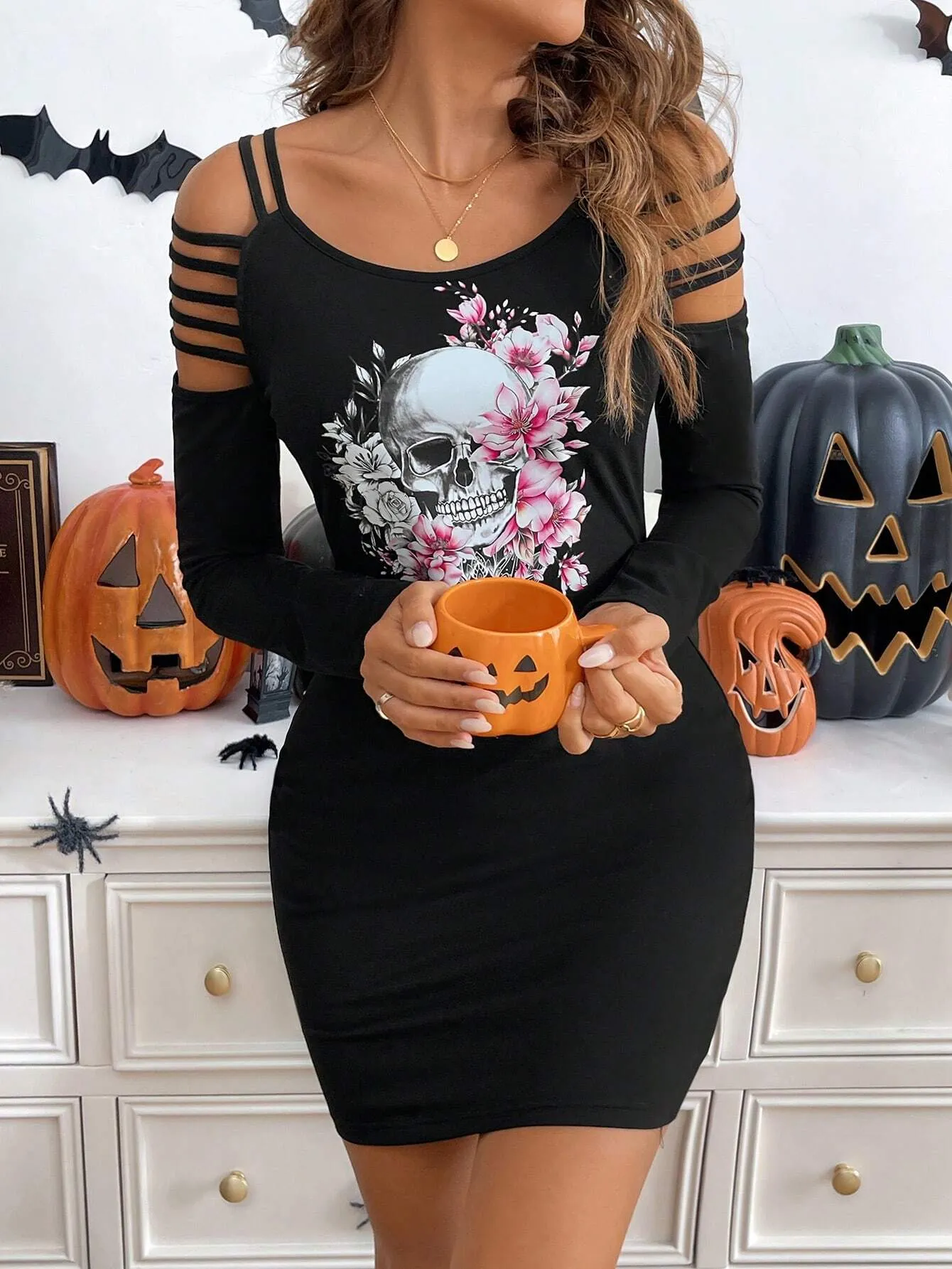 2024 Fall Halloween Hollow Skull Print Women Knit Bodycon Mini Dress