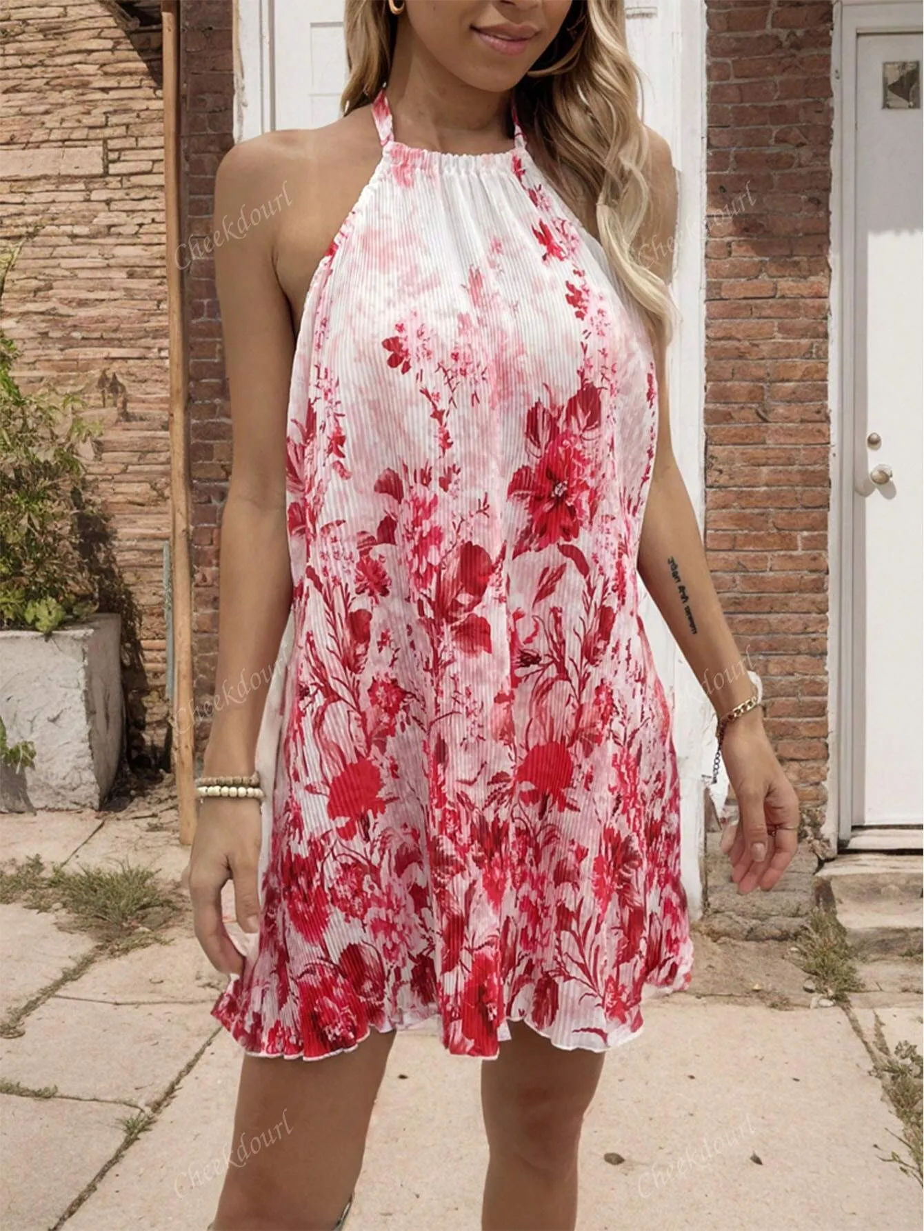 2024 New Fashion Halter Elegant Resort Style Romantic Red Floral Print Dress