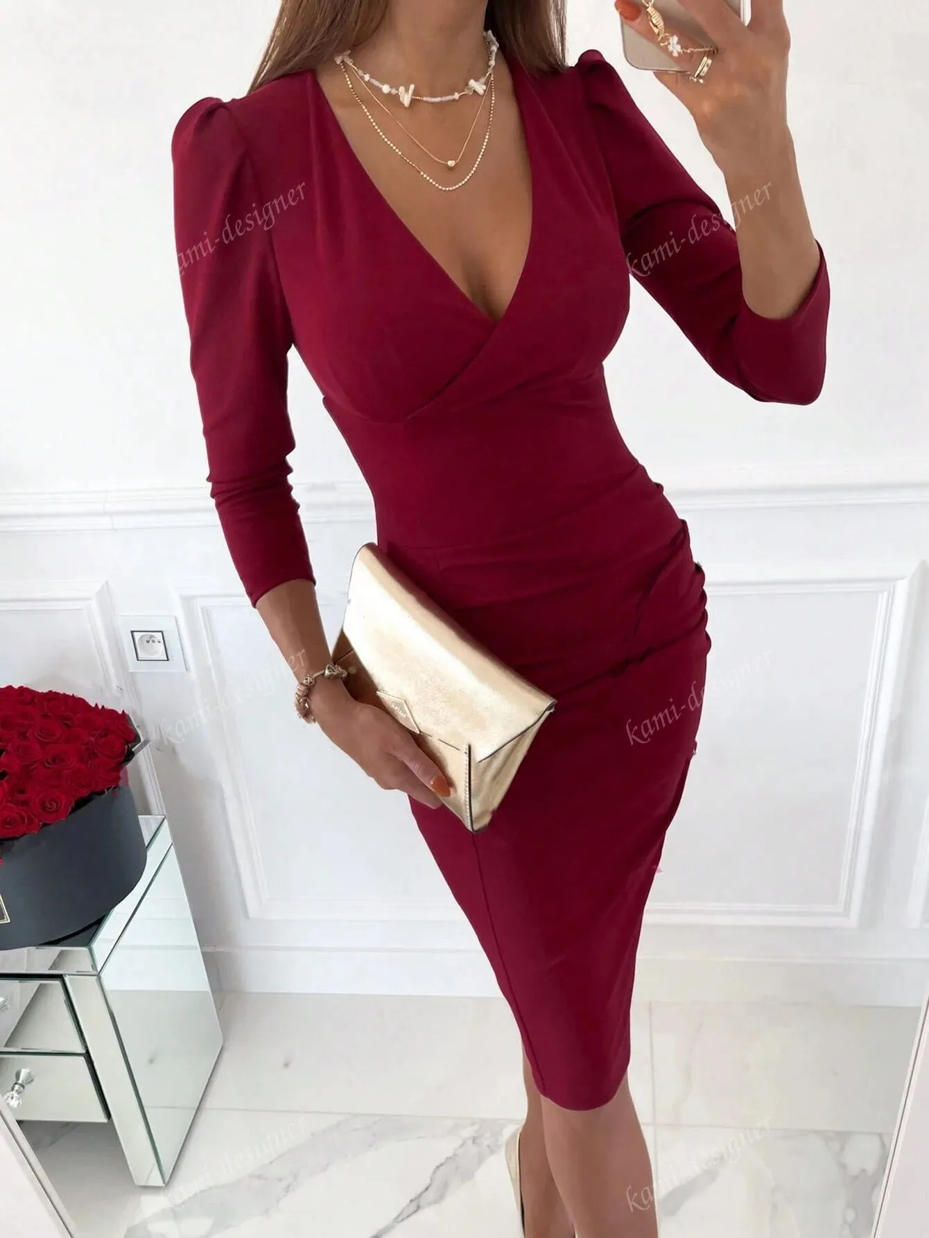 2024 New V-Neck Sexy Fashion Temperament Commuter Waist Slimming Dress Woman