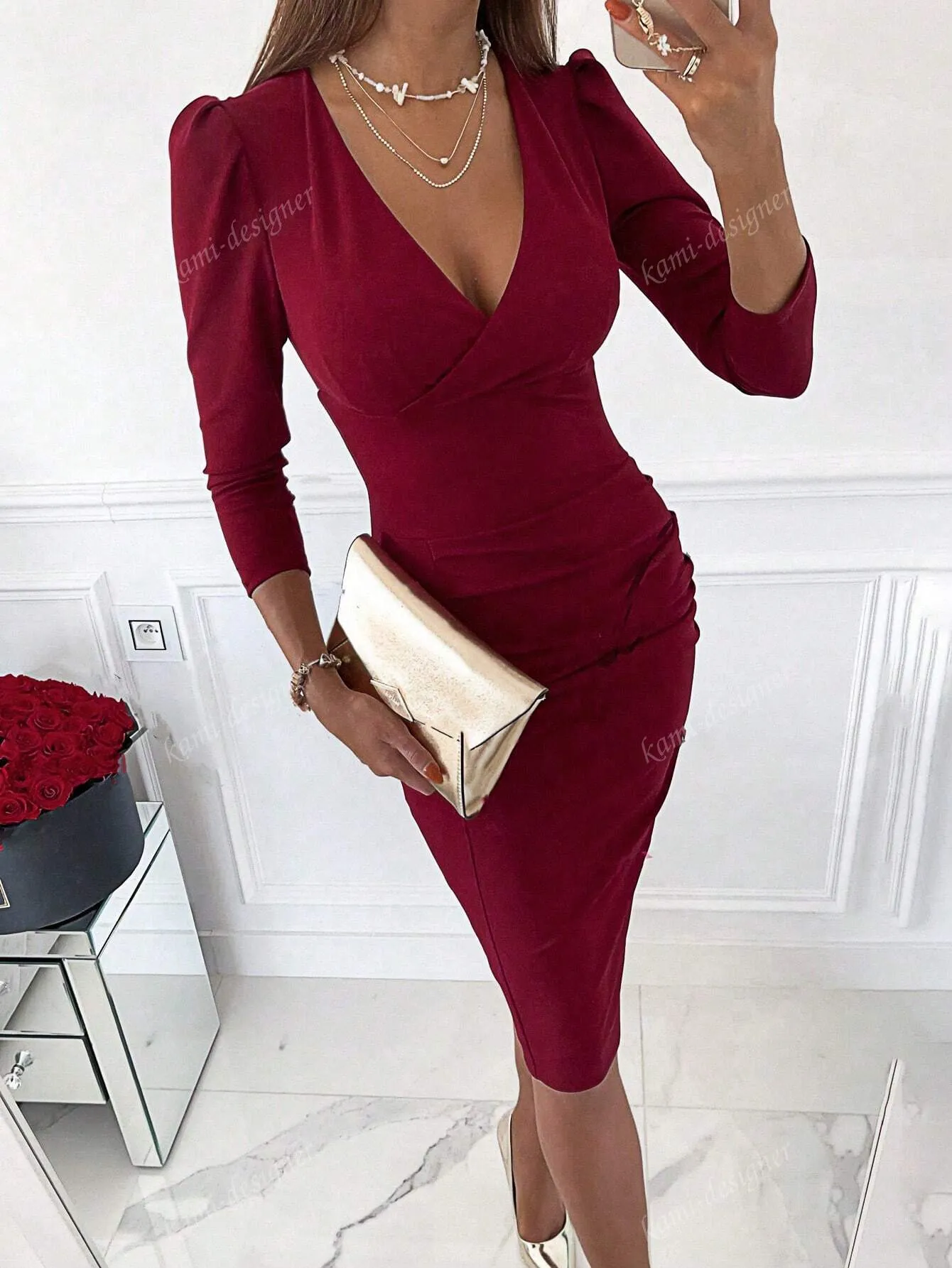 2024 New V-Neck Sexy Fashion Temperament Commuter Waist Slimming Dress Woman