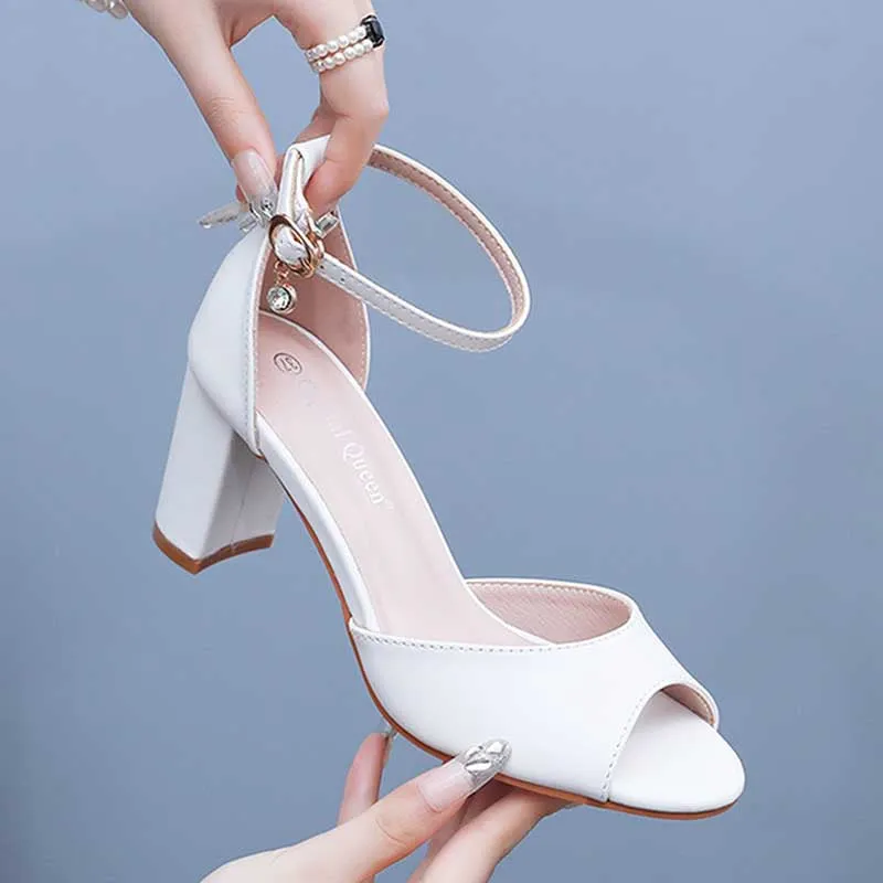 2.95" Chunky Wedding Sandals Vintage Peep Toe White Block Heeled Shoes