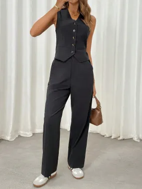 2pcs Office Lady Black French Style Vest And Long Pants Suit For Women, Autumn