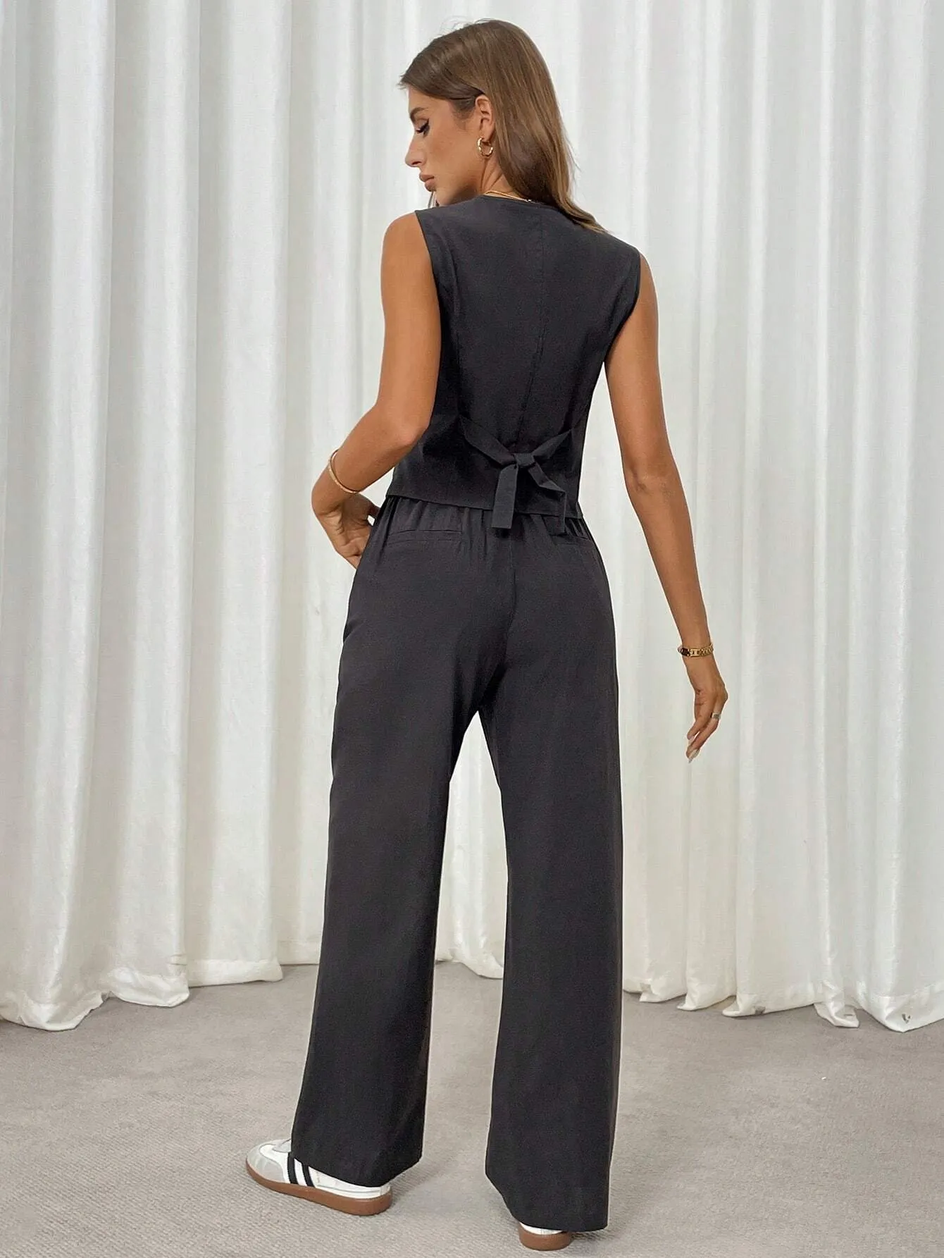 2pcs Office Lady Black French Style Vest And Long Pants Suit For Women, Autumn