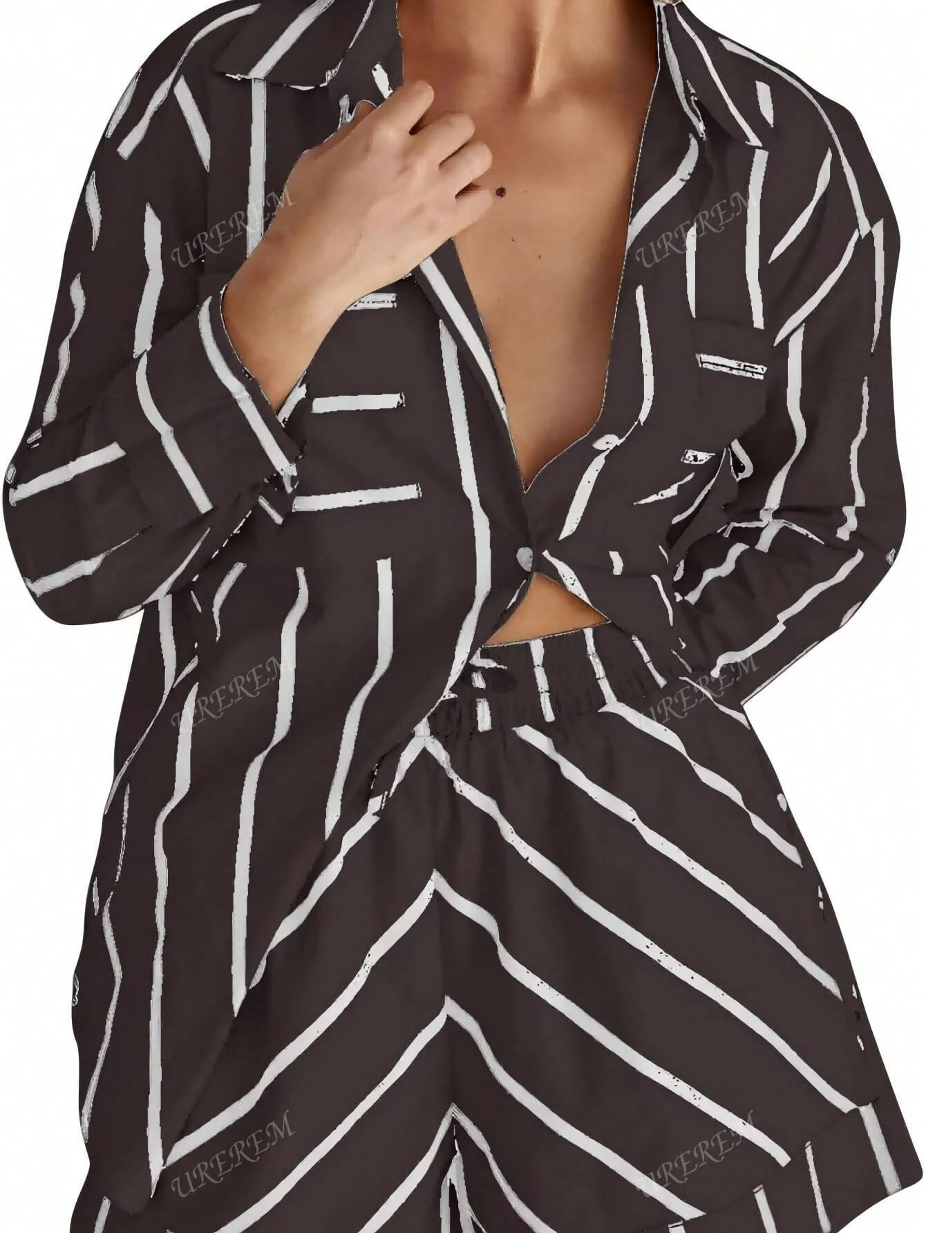 2pcs Women Striped Long Sleeve Shirt Top And Shorts Set