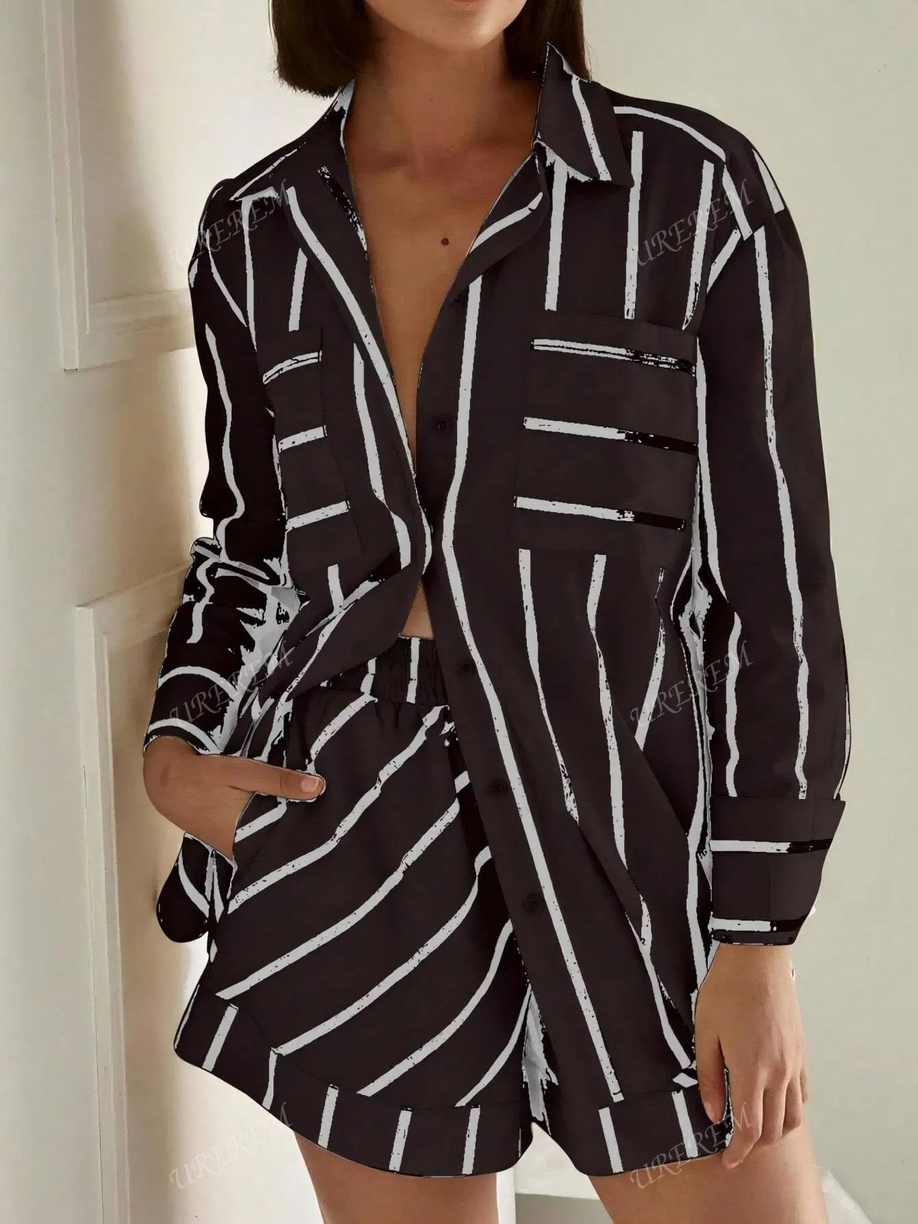 2pcs Women Striped Long Sleeve Shirt Top And Shorts Set