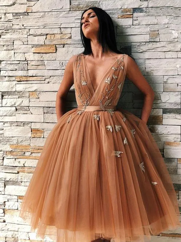 A-Line V-Neck Backless Gold Tulle Homecoming Dress with Appliques,Short Prom Dresses ,PDY0120