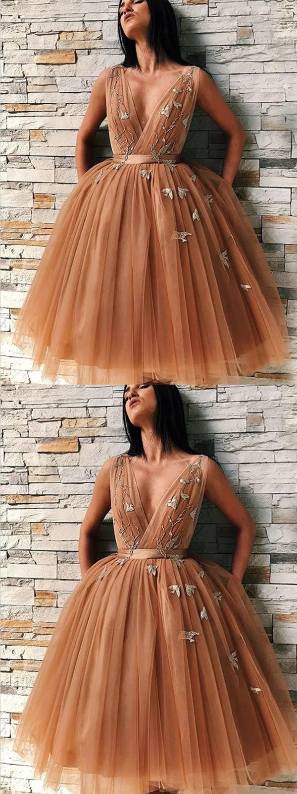 A-Line V-Neck Backless Gold Tulle Homecoming Dress with Appliques,Short Prom Dresses ,PDY0120