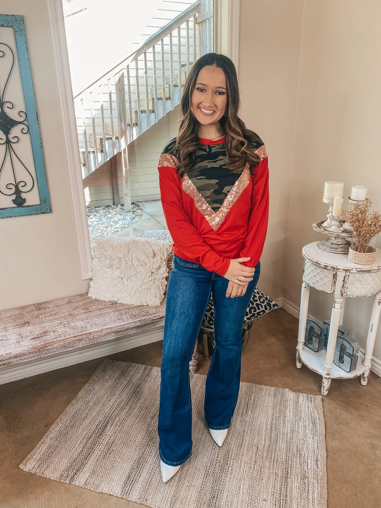 A Sparkly Mindset Camouflage and Sequin Color Block Top in Red