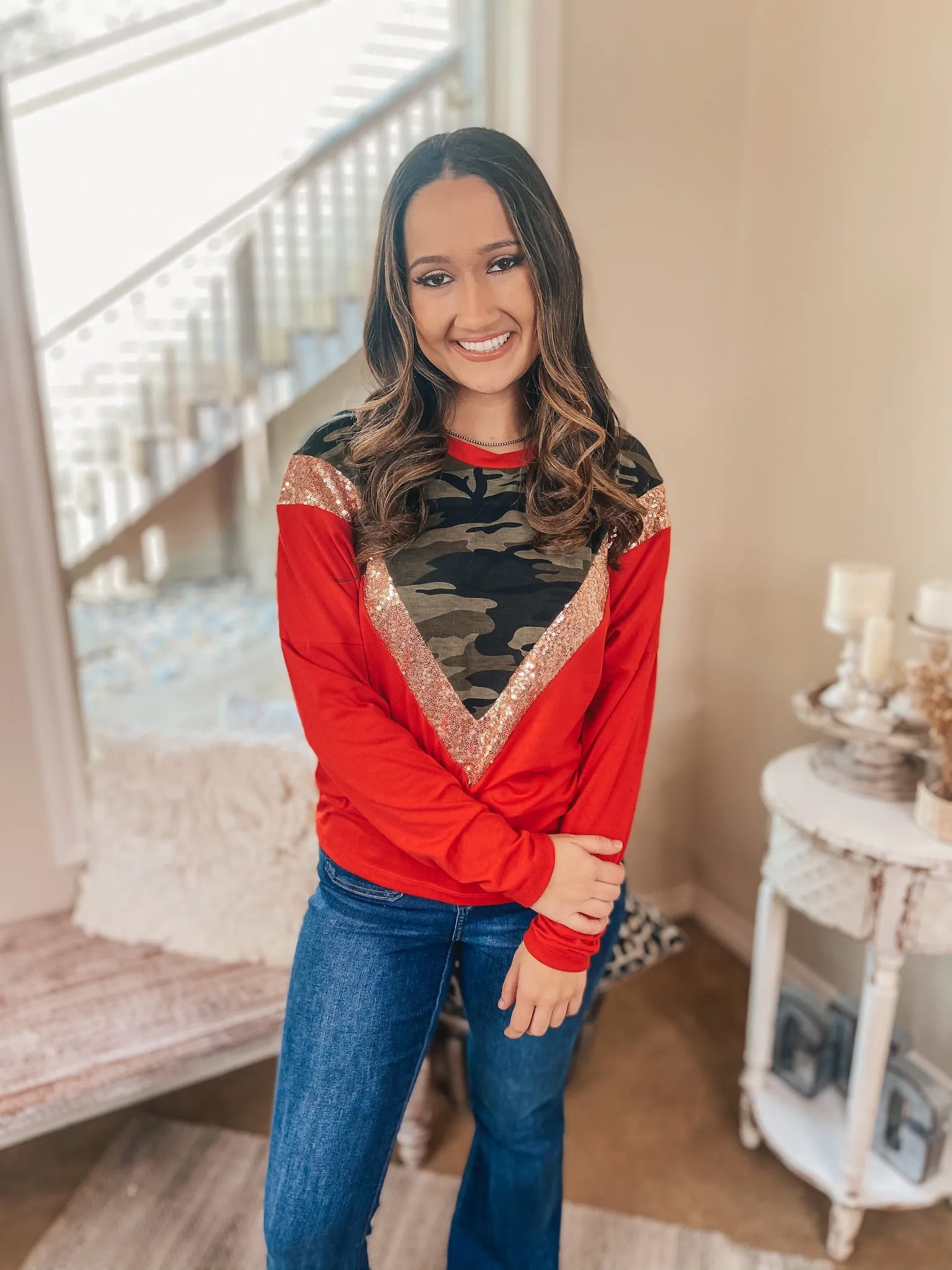 A Sparkly Mindset Camouflage and Sequin Color Block Top in Red