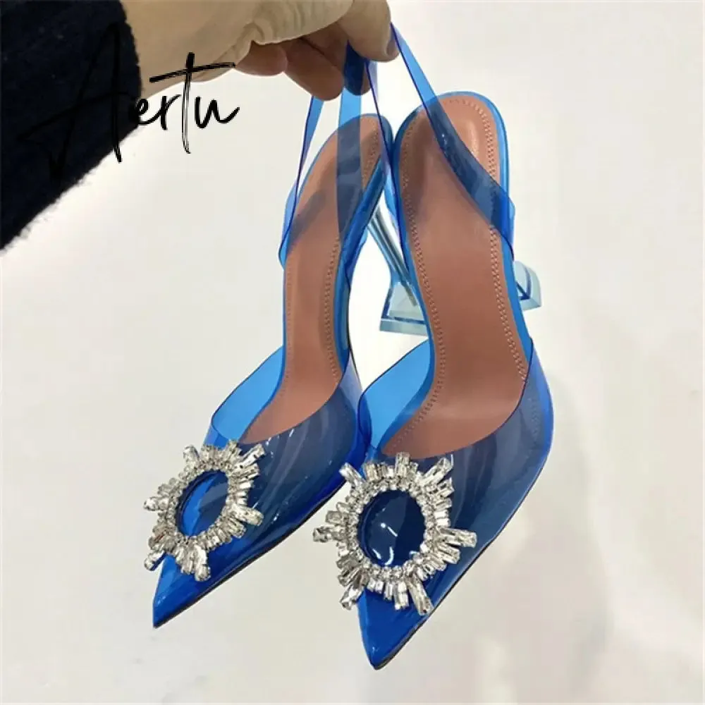 Aiertu Big size 44 45 Women Pumps Elegant Pointed toe Rhinestones High heels Wedding Shoes Crystal Clear heeled Slingback Pumps Sandals