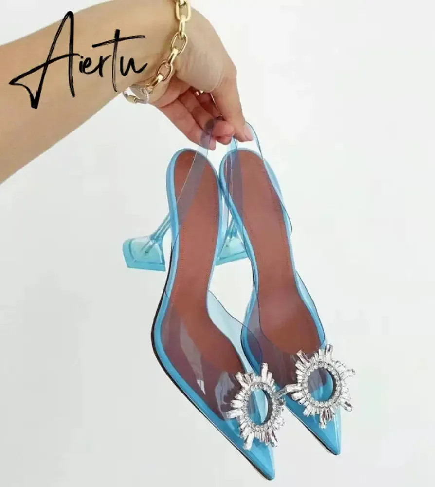 Aiertu Big size 44 45 Women Pumps Elegant Pointed toe Rhinestones High heels Wedding Shoes Crystal Clear heeled Slingback Pumps Sandals