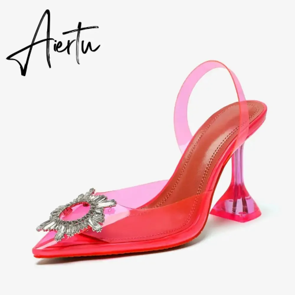 Aiertu Big size 44 45 Women Pumps Elegant Pointed toe Rhinestones High heels Wedding Shoes Crystal Clear heeled Slingback Pumps Sandals