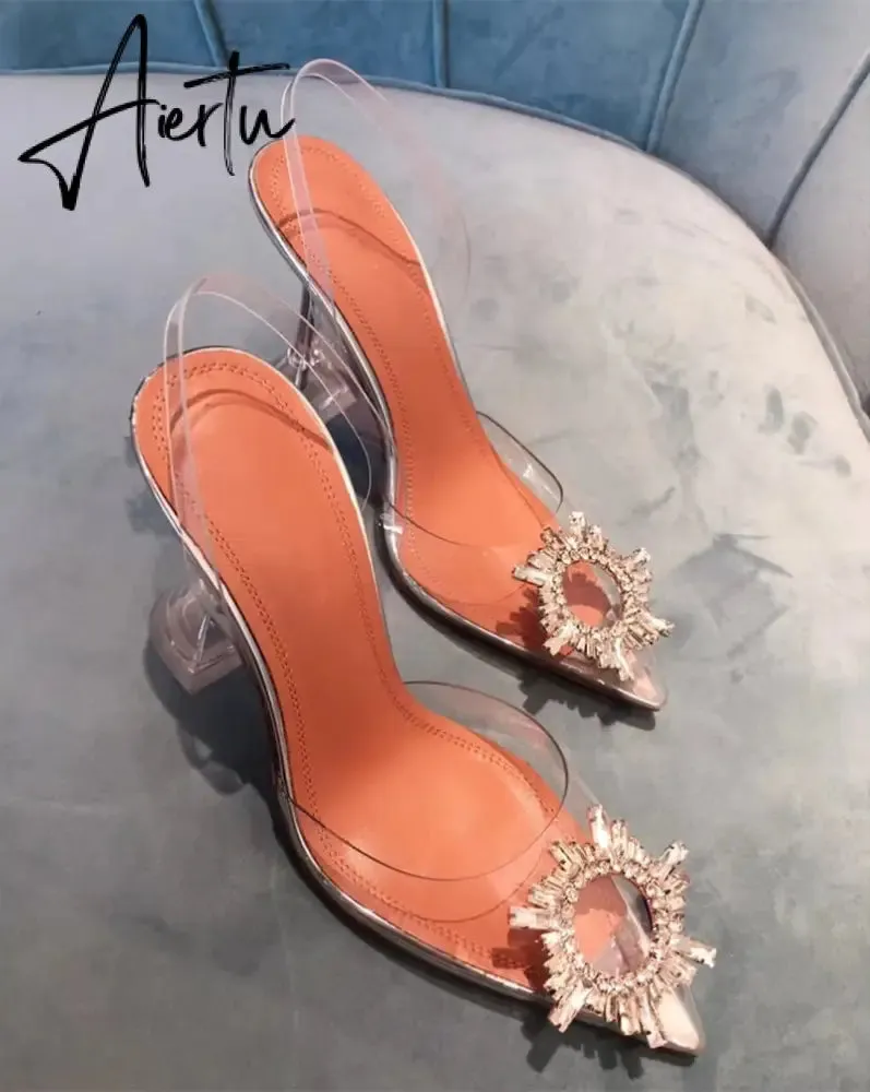 Aiertu Big size 44 45 Women Pumps Elegant Pointed toe Rhinestones High heels Wedding Shoes Crystal Clear heeled Slingback Pumps Sandals