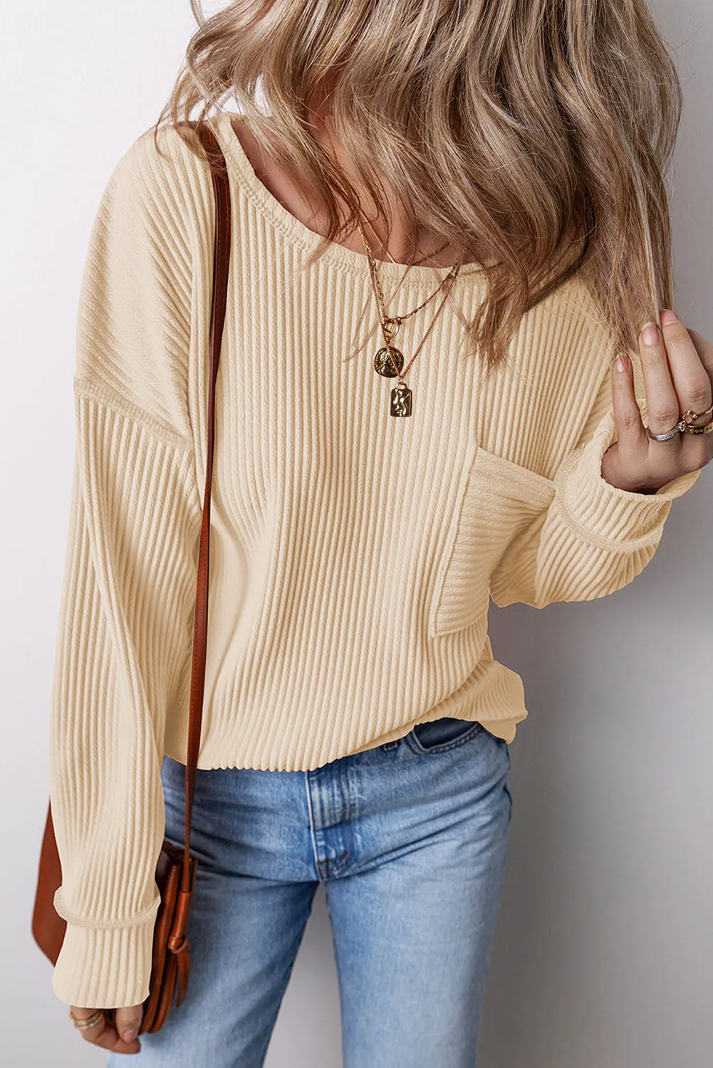 Apricot Solid Color Corded Drop Shoulder Long Sleeve Top