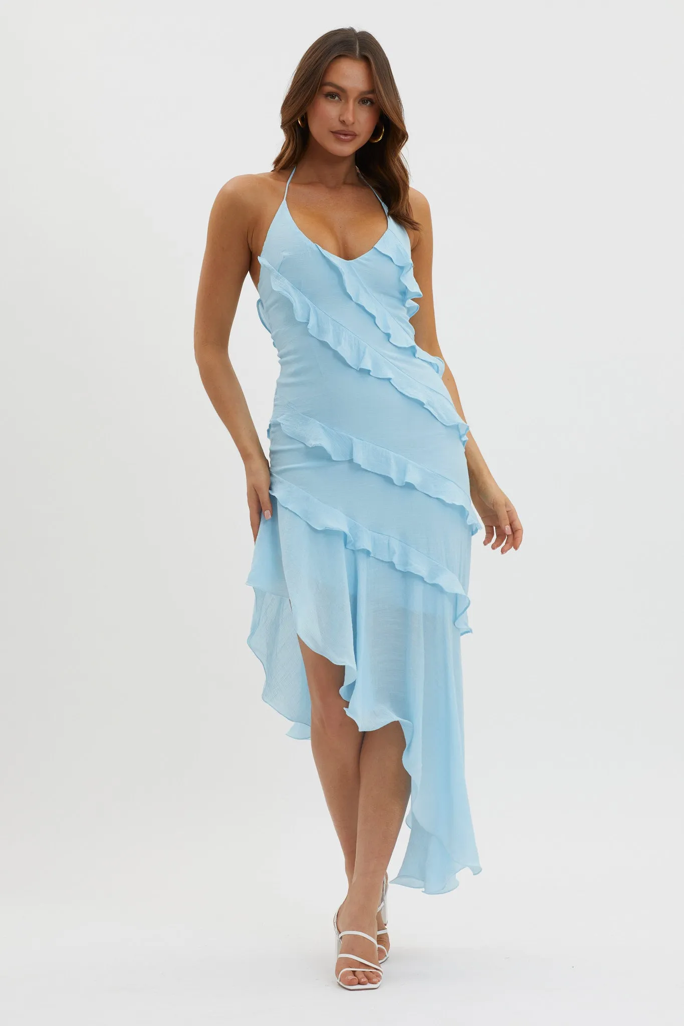 Arrabel Tiered Ruffle Asymmetric Midi Dress Blue