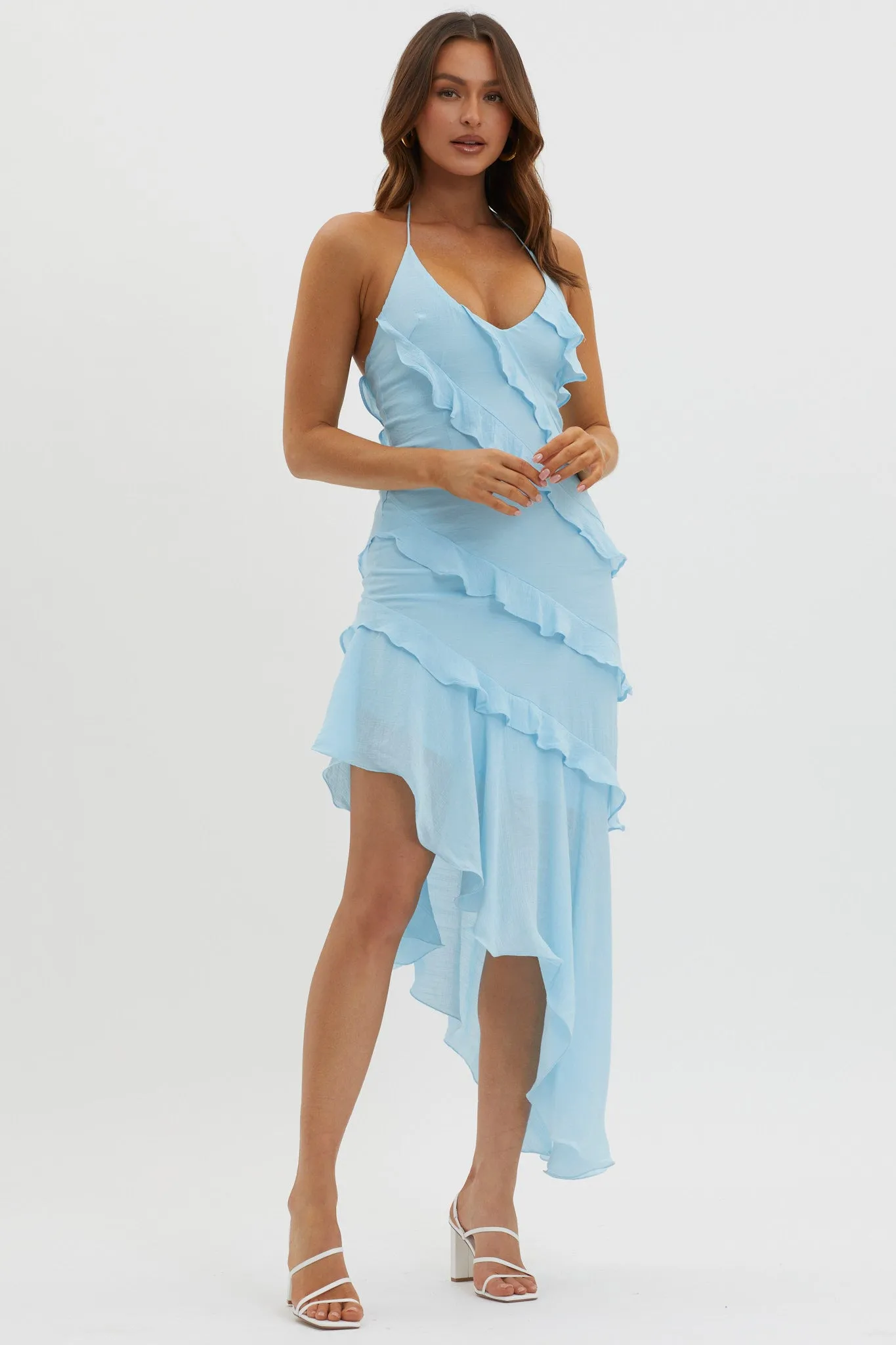 Arrabel Tiered Ruffle Asymmetric Midi Dress Blue