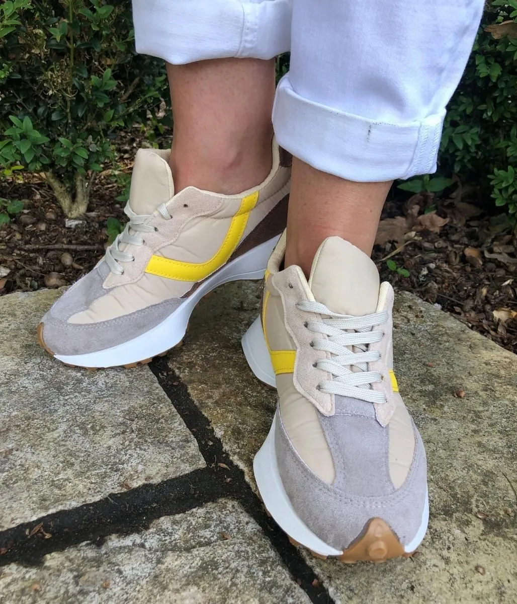 Beige & Yellow Trim Trainers