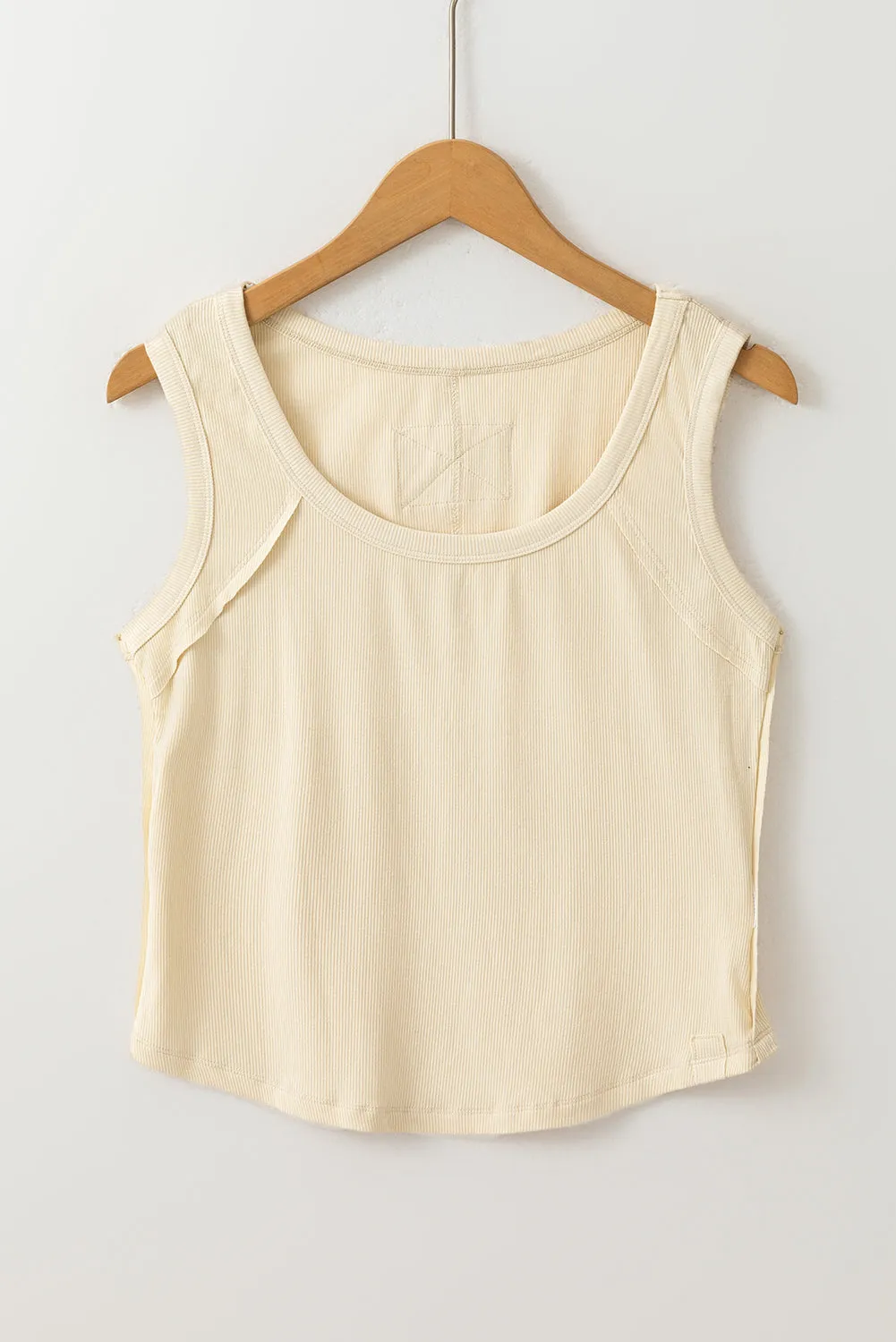 Beige Ribbed Exposed Seam Cropped Tank Top