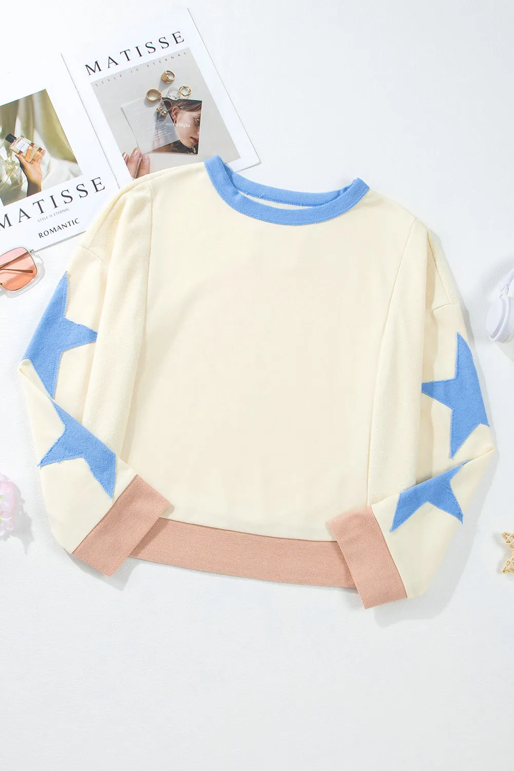 Beige Star Patchwork Exposed Seam Oversized Sweatshirt