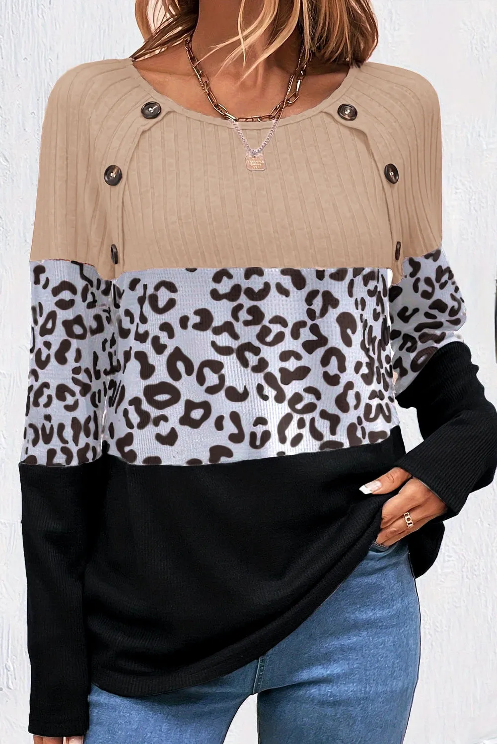 Black Cheetah Textured Patchwork Buttoned Round Neck T Shirt