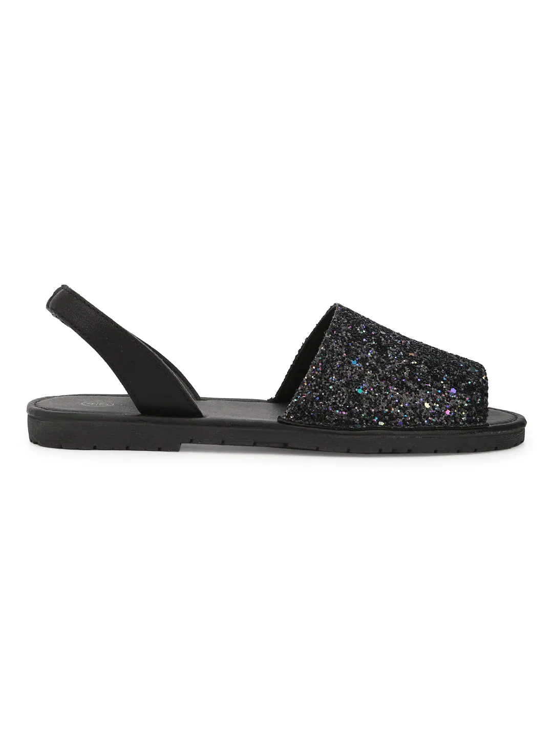 Black Glitter Back Sling Open Toe Slip-On Sandals