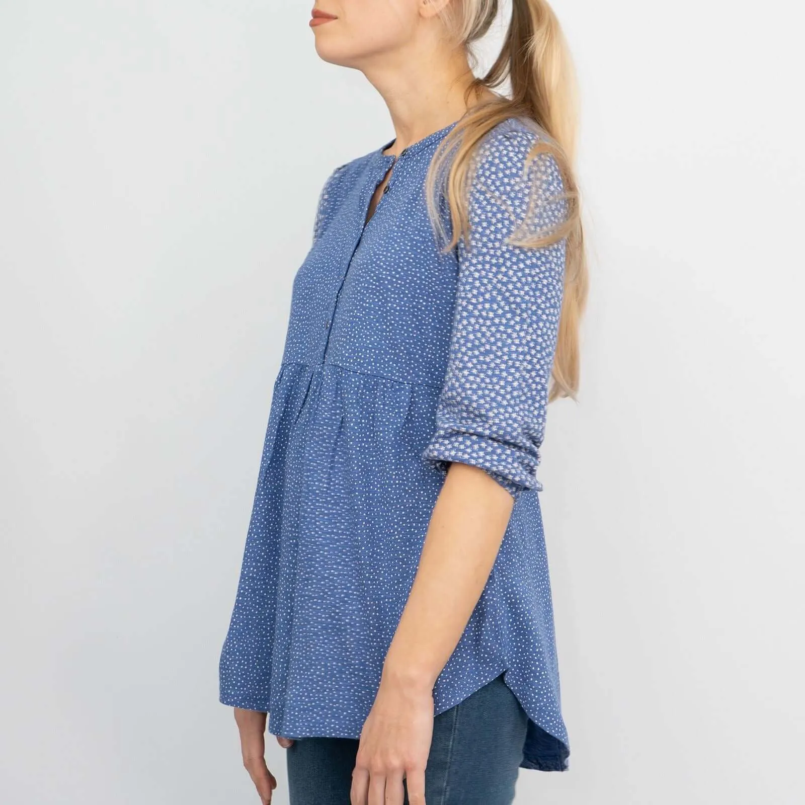 Blue 3/4 Sleeve Ditsy Floral Jersey Tops