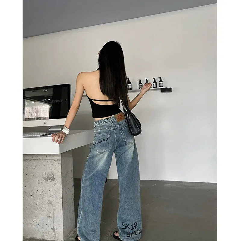 Blue High Waist Graffiti Streetwear Wide Leg Chic Baggy Denim Jeans