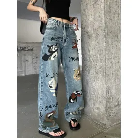 Blue High Waist Graffiti Streetwear Wide Leg Chic Baggy Denim Jeans