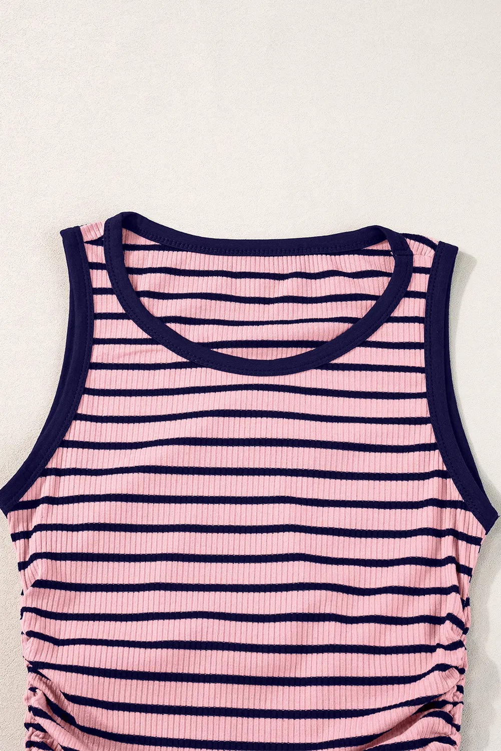 Blue Stripe Contrast Round Neck Sleeveless Slim Top