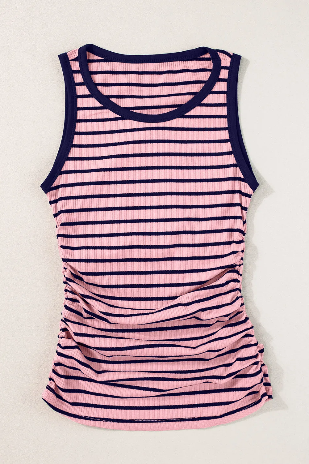 Blue Stripe Contrast Round Neck Sleeveless Slim Top