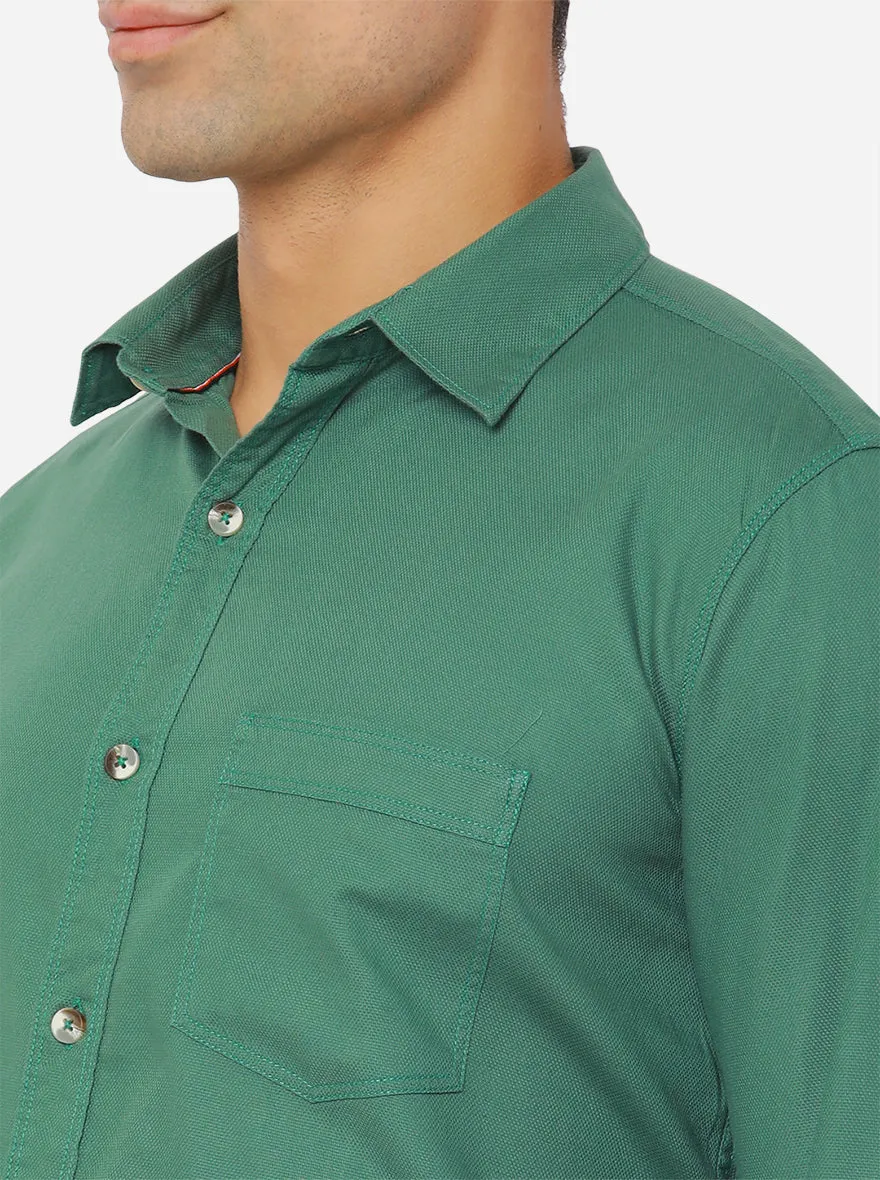 Bottle Green Solid Slim Fit Semi Casual Shirt | JadeBlue