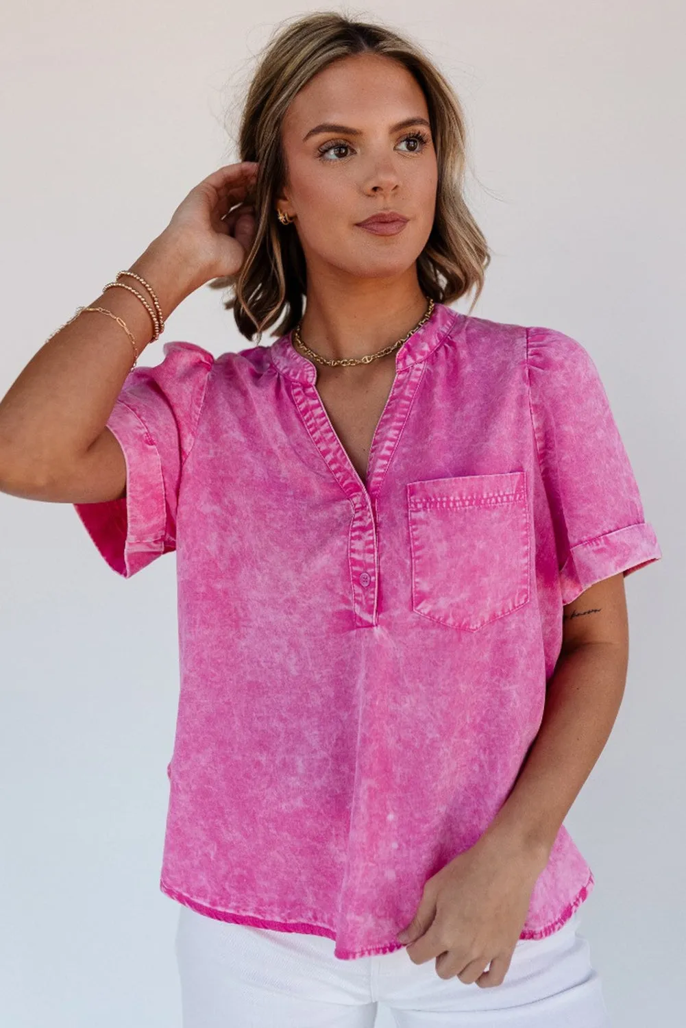 Bright Pink Mineral Wash Split Neck Pocket Patched Denim Top