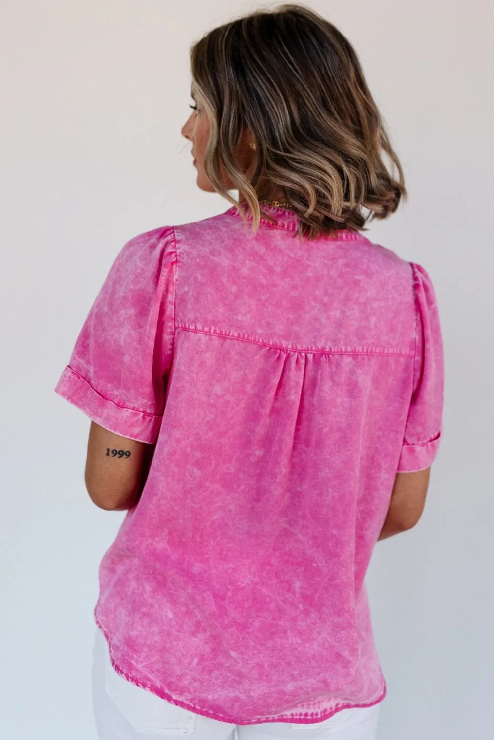 Bright Pink Mineral Wash Split Neck Pocket Patched Denim Top