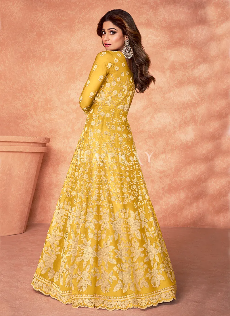 Bright Yellow Embroidered Net Anarkali Suit