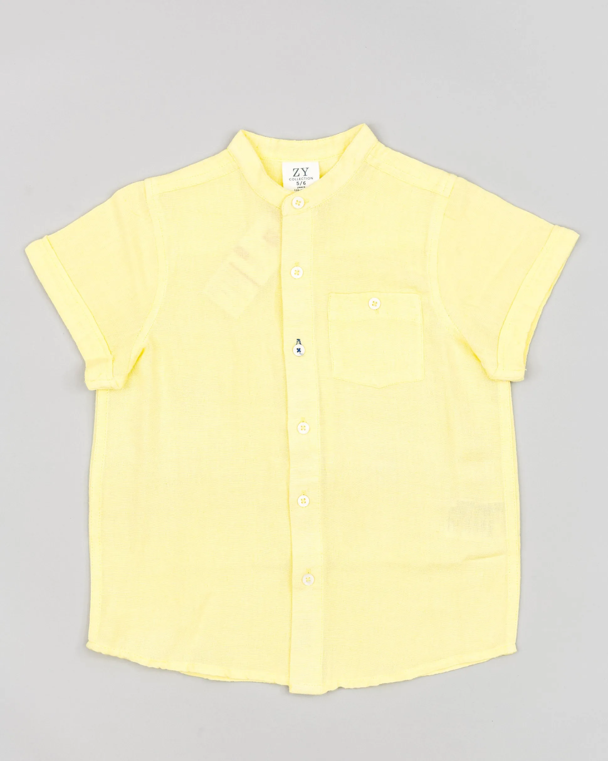 Camisa Lino Cuello Mao Manga Corta Amarillo