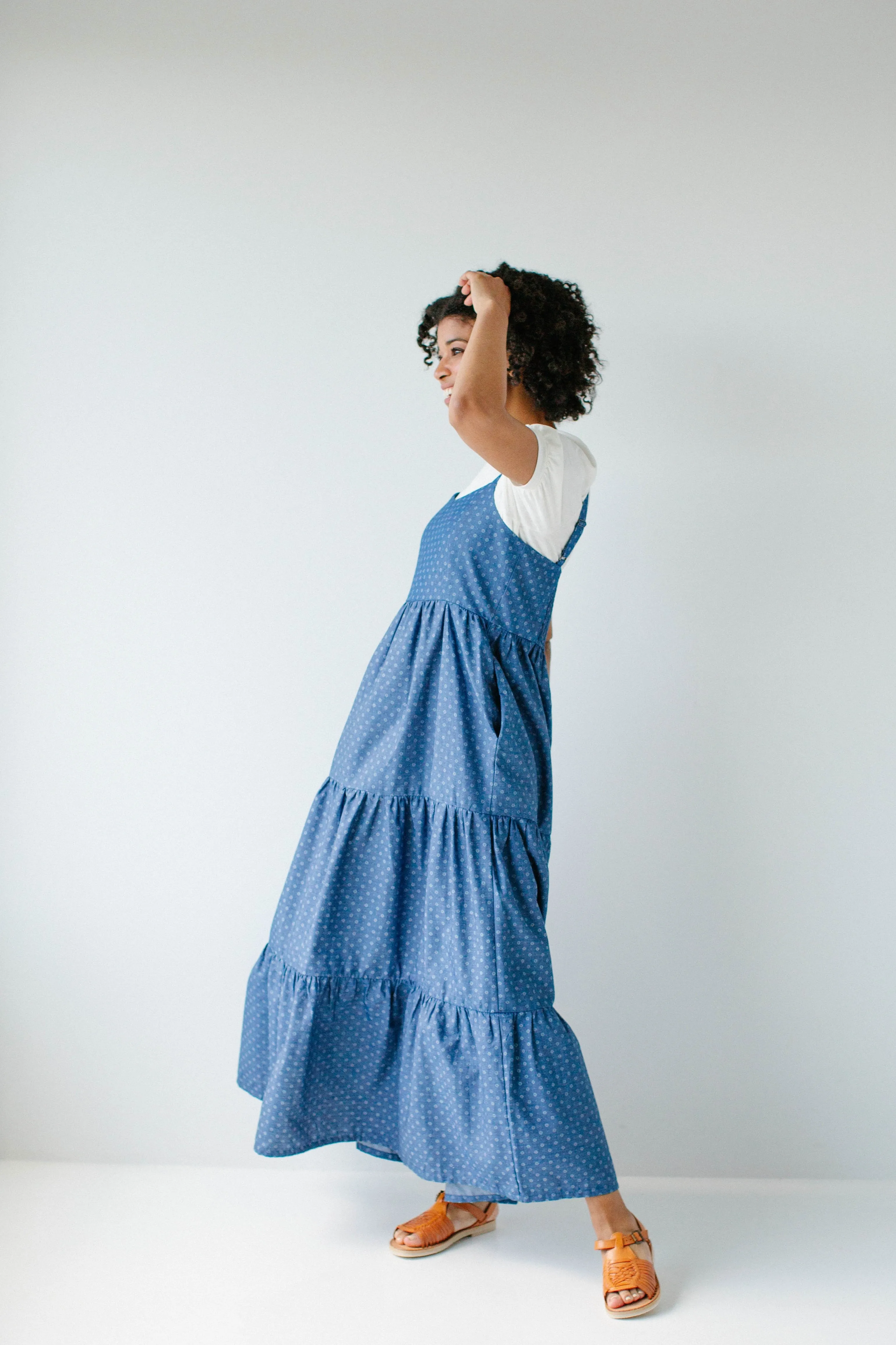 'Caprina' Printed Tiered Chambray Pinafore Dress in Deep Blue