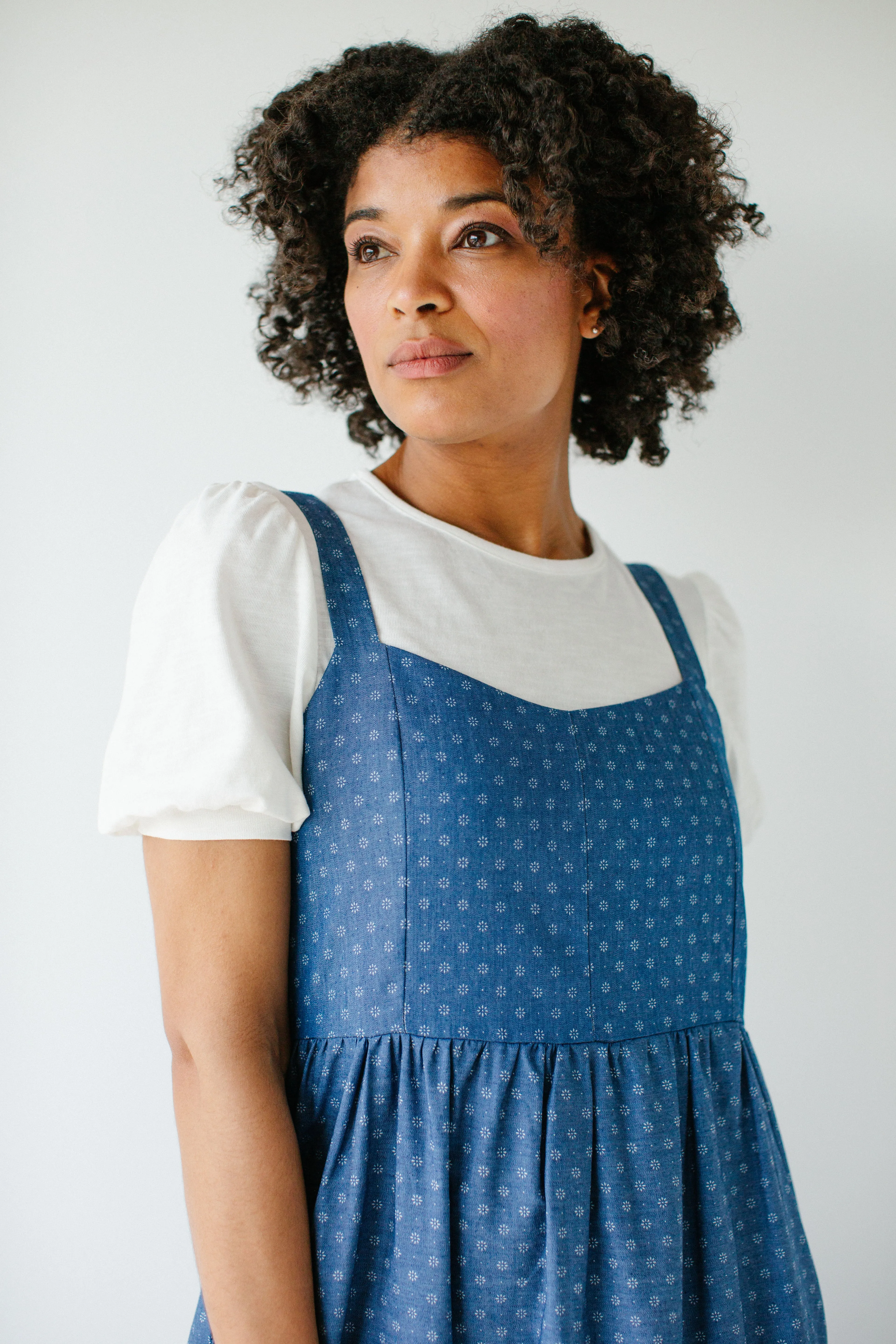 'Caprina' Printed Tiered Chambray Pinafore Dress in Deep Blue