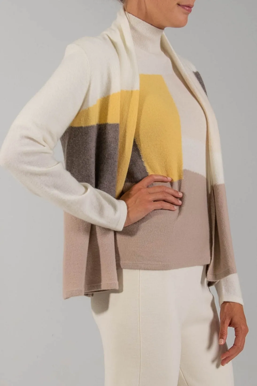 CASHMERE COLOR BLOCK CARDIGAN - WALNUT