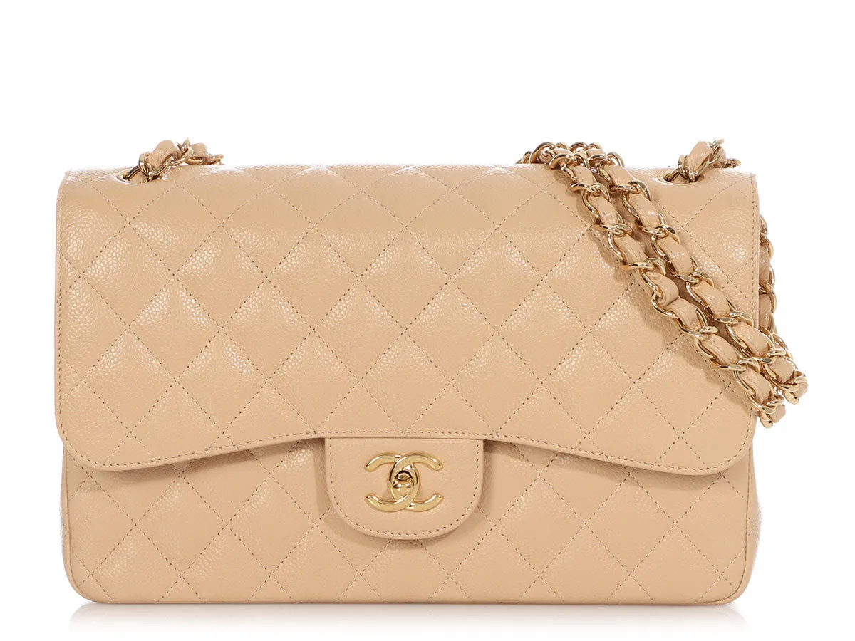 Chanel Jumbo Beige Clair Quilted Caviar Classic Double Flap