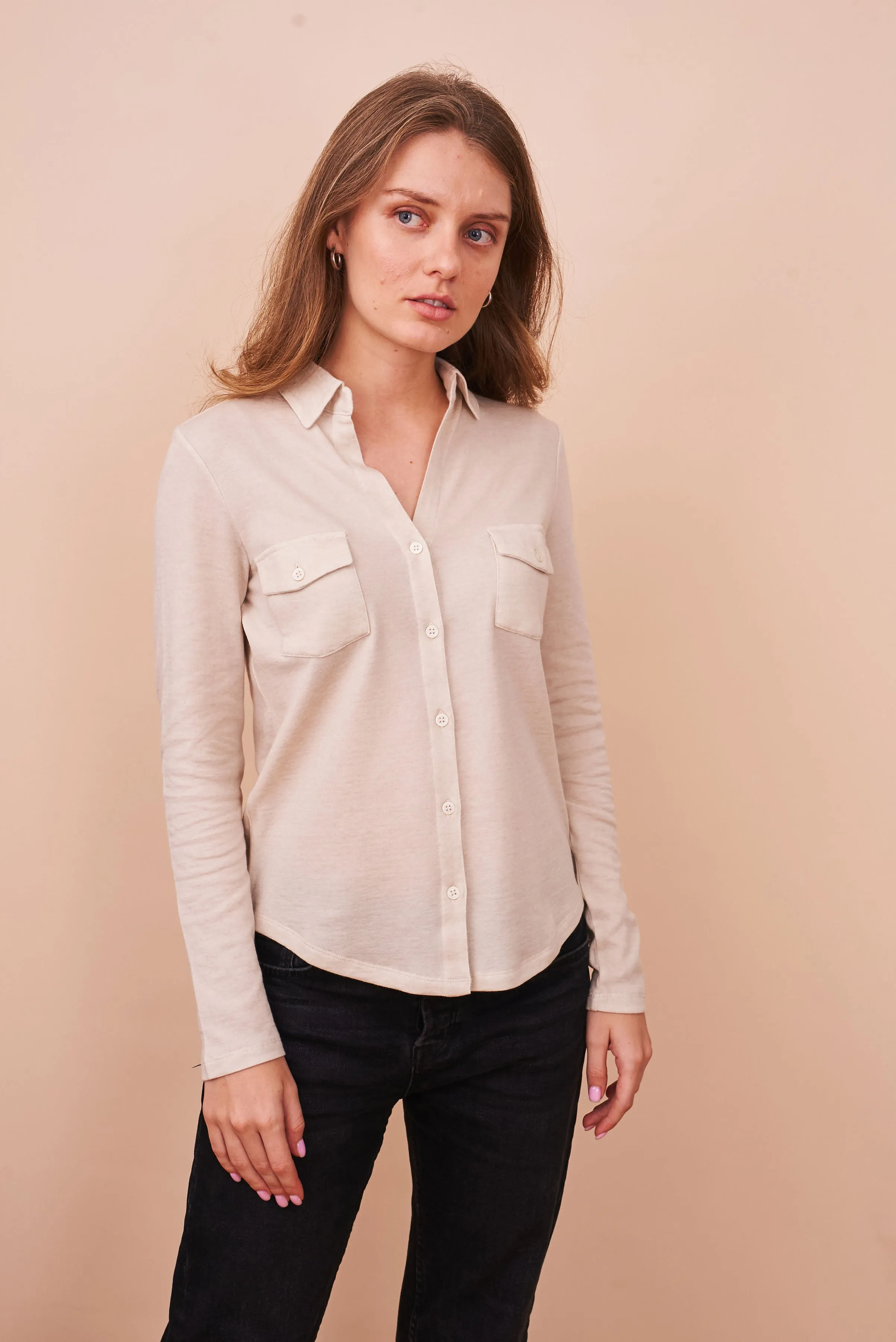 Cotton Cashmere Double Face Long Sleeve Pocket Shirt in Greige