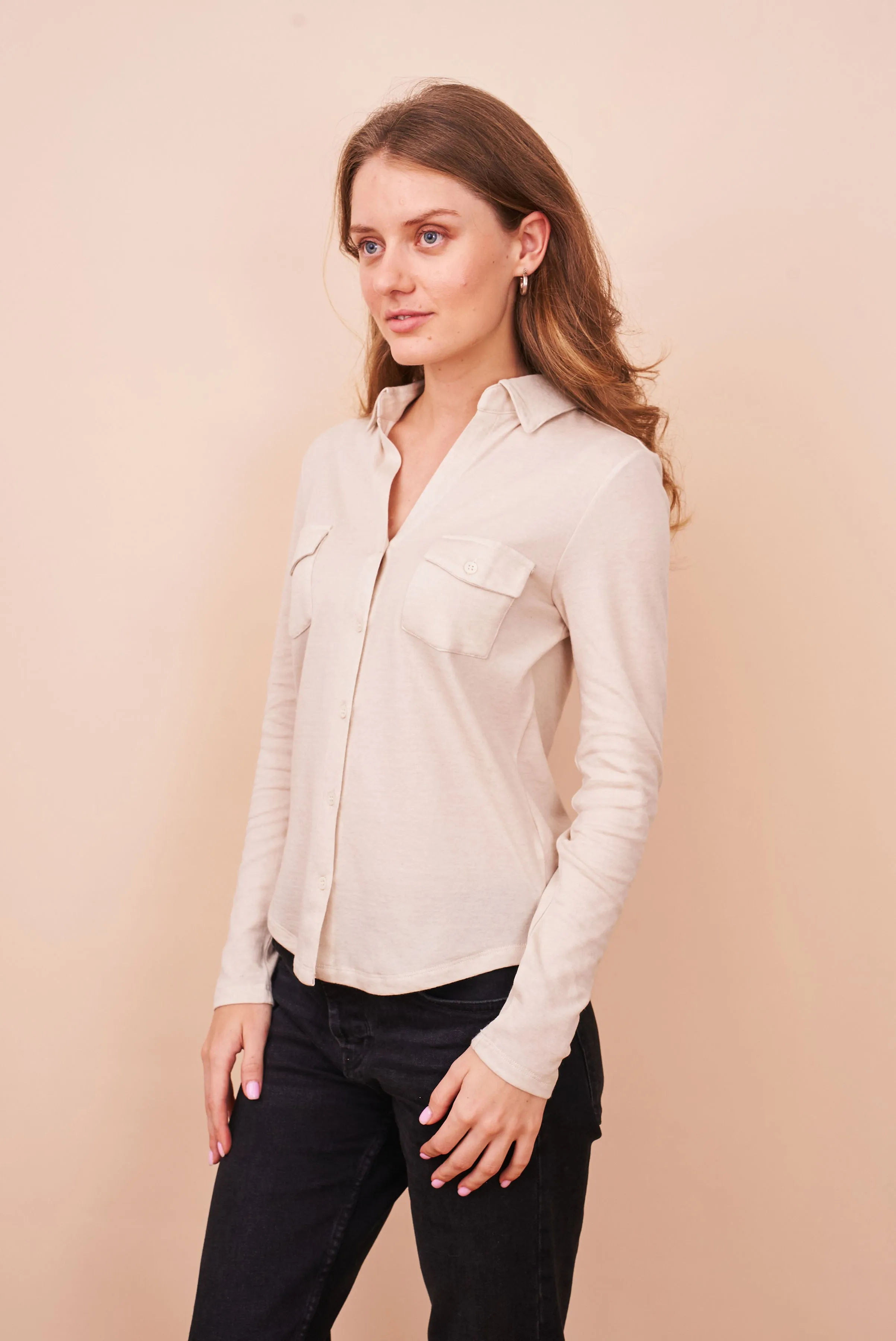 Cotton Cashmere Double Face Long Sleeve Pocket Shirt in Greige