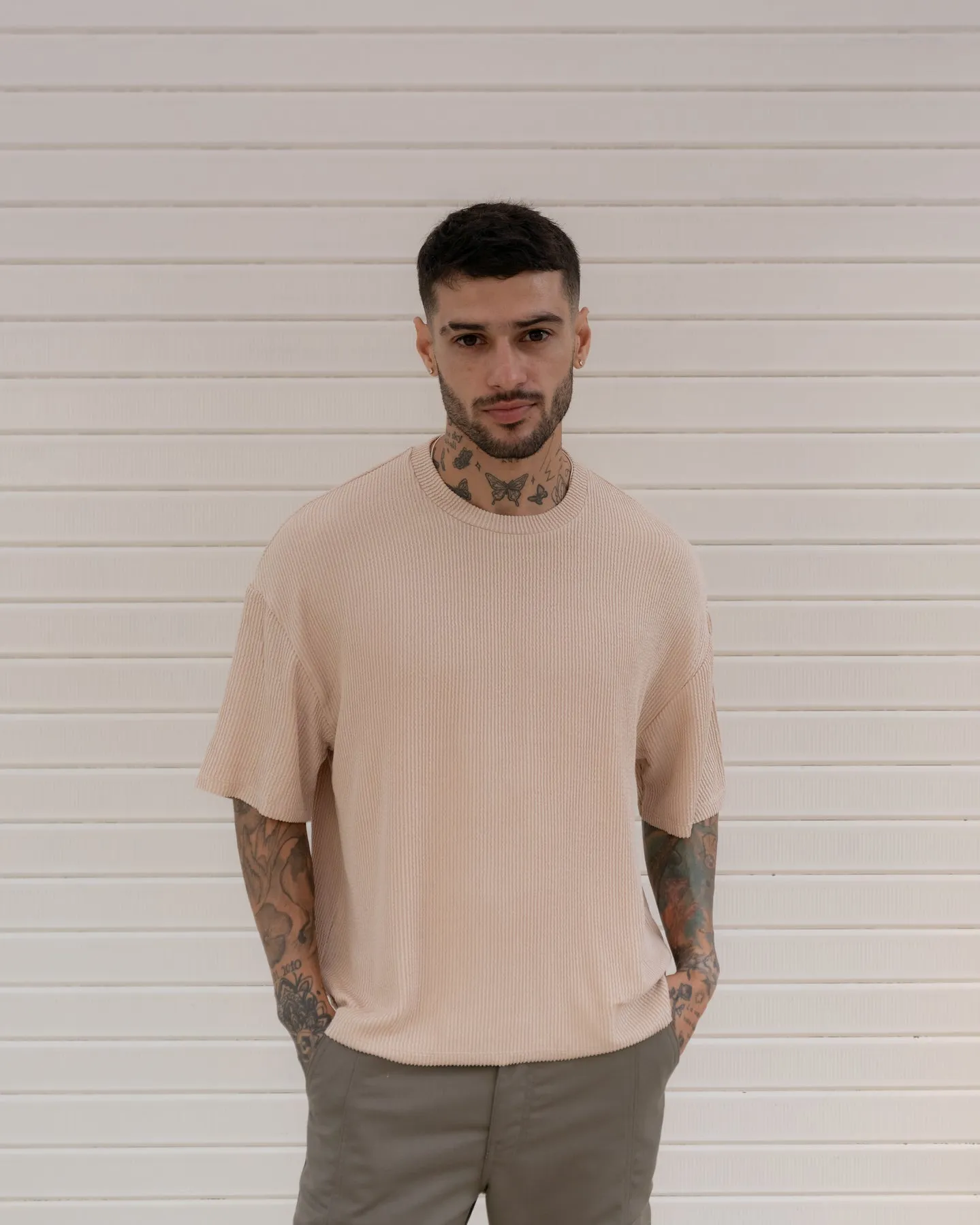 Cropped Textured Tee - Beige