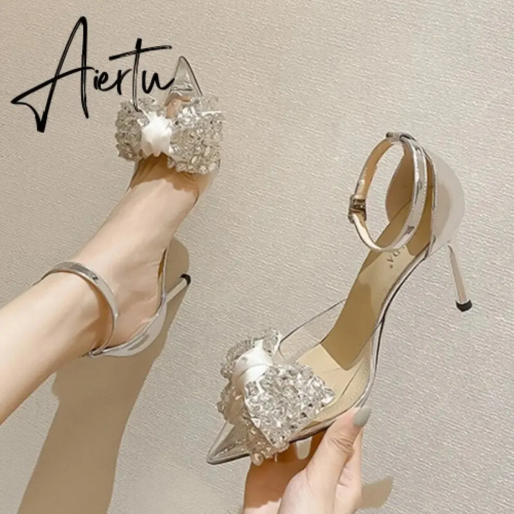 Crystal Bowknot Pumps Women Transparent Pvc Thin Heels Wedding Party Shoes Woman Bling Rhinestones High Heels Shoes